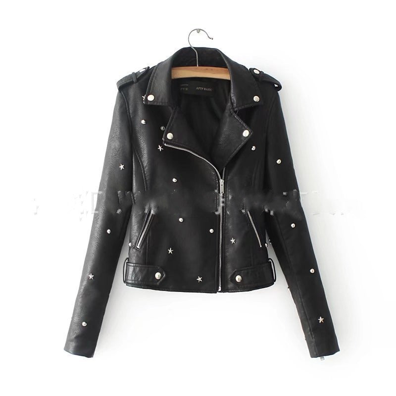 Women's leather jacket with rivet locomotive