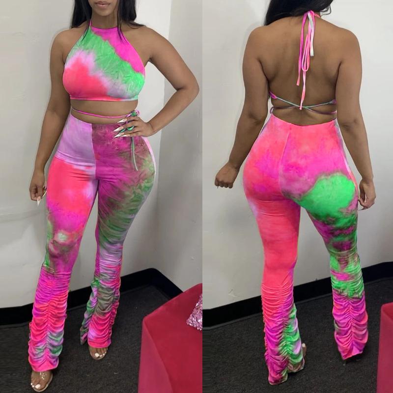 Two-piece Thin Fabric Tie Dye Print Crop Top And Rouched bottom Leggings Two Piece Outfit Set