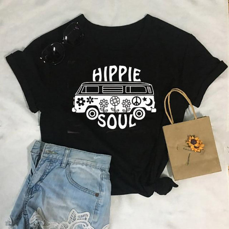 Hippie Soul Casual Round Neck Short Sleeved Graphic Print Tee Shirt