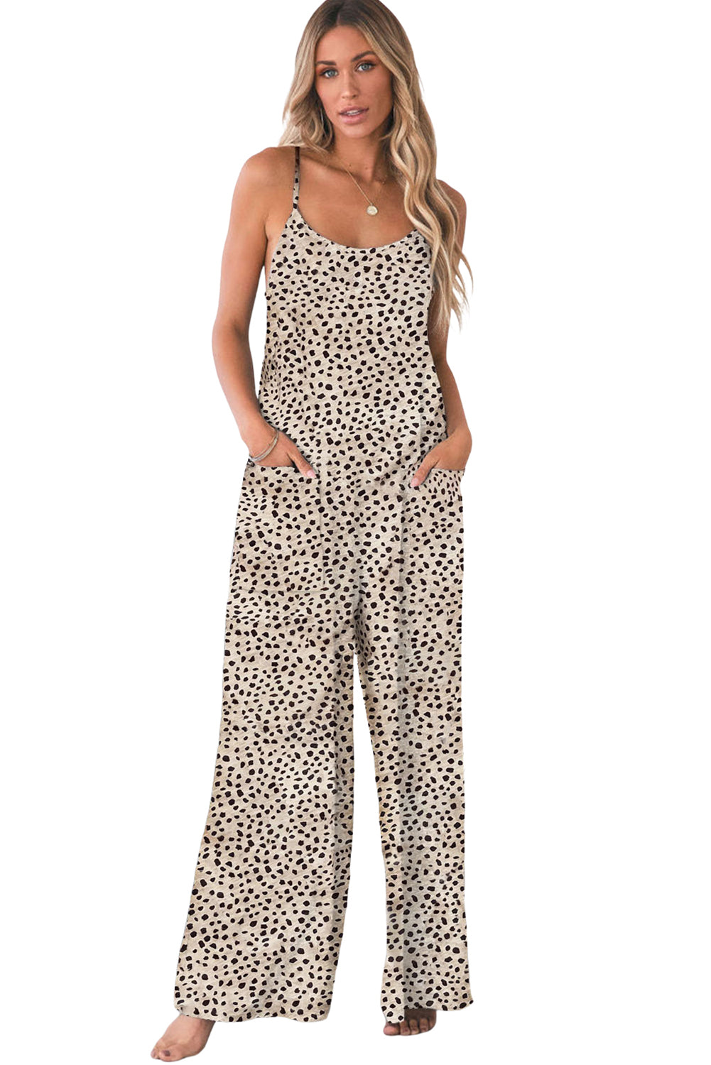 Khaki Leopard Print Spaghetti Strap U Neck Wide Leg Jumpsuit