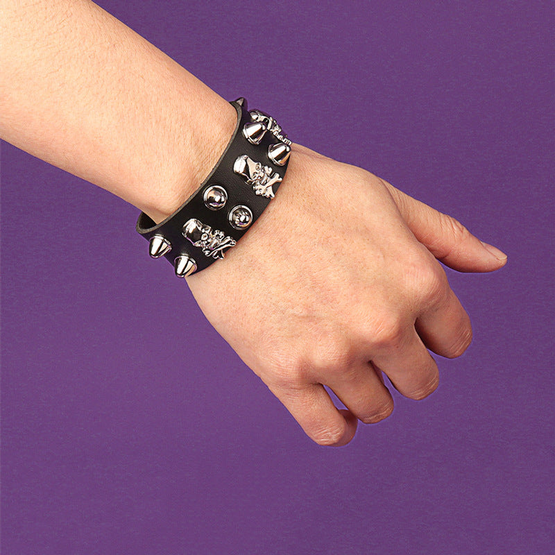 Punk Gothic Skull Rivet PU Snap Bracelet