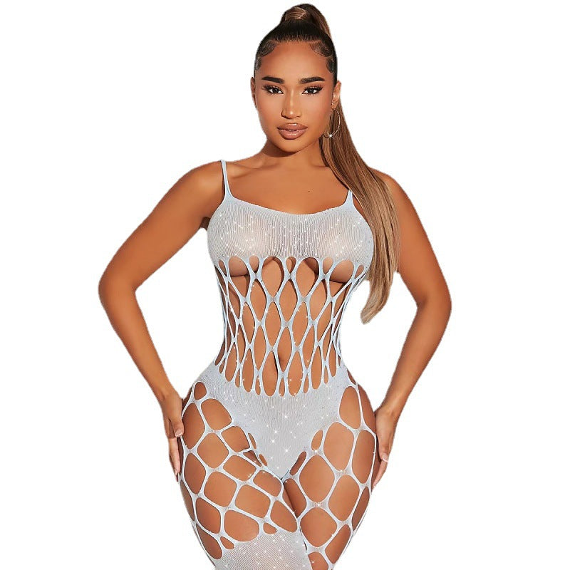 Large Fishnet Tank Top Rhinestone One Piece Net Bodysuit Lingerie