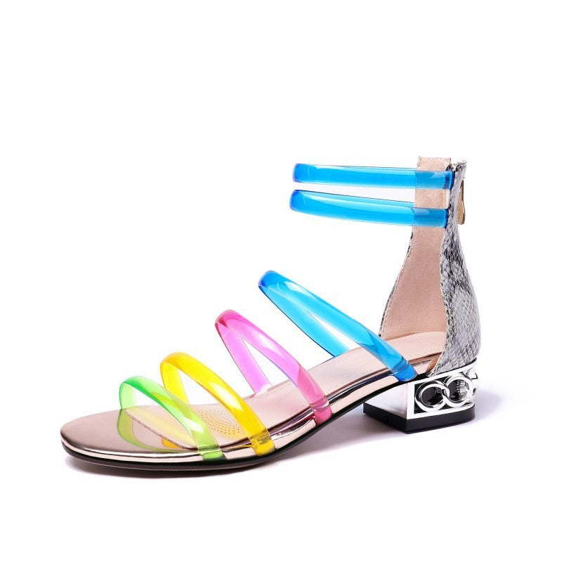 Low Heel Rainbow Color Transparent Jelly Strap Sandals