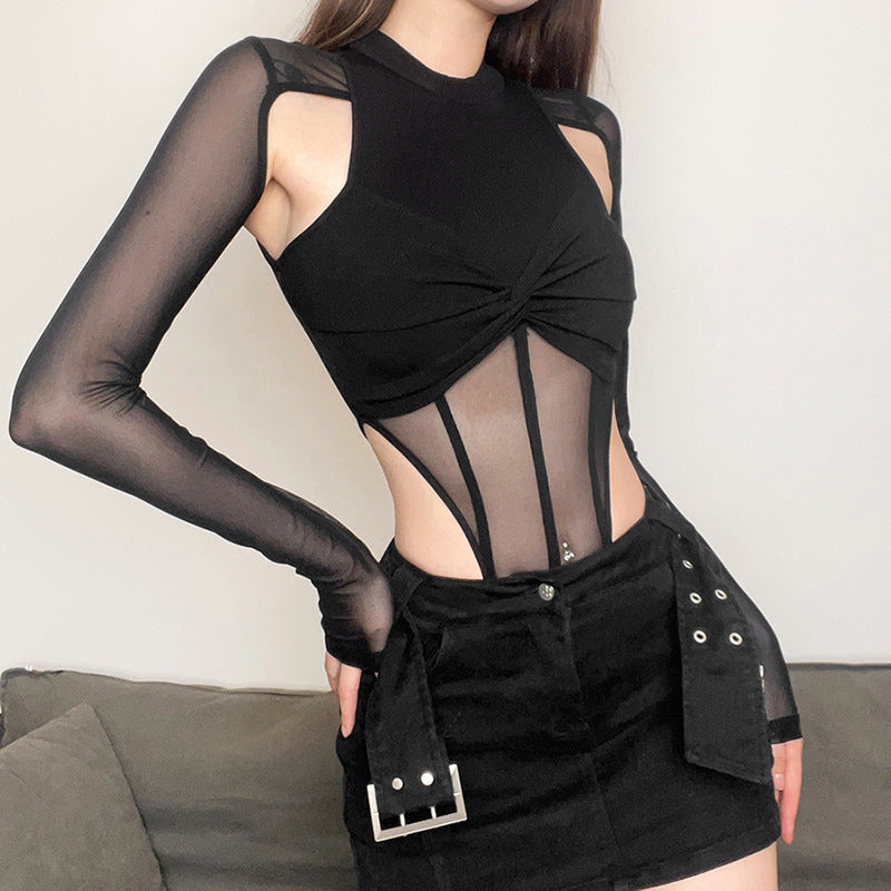 Slim Fit Mesh Long Sleeves Blouse Fashion Round Neck Side Cut Out Bodysuit