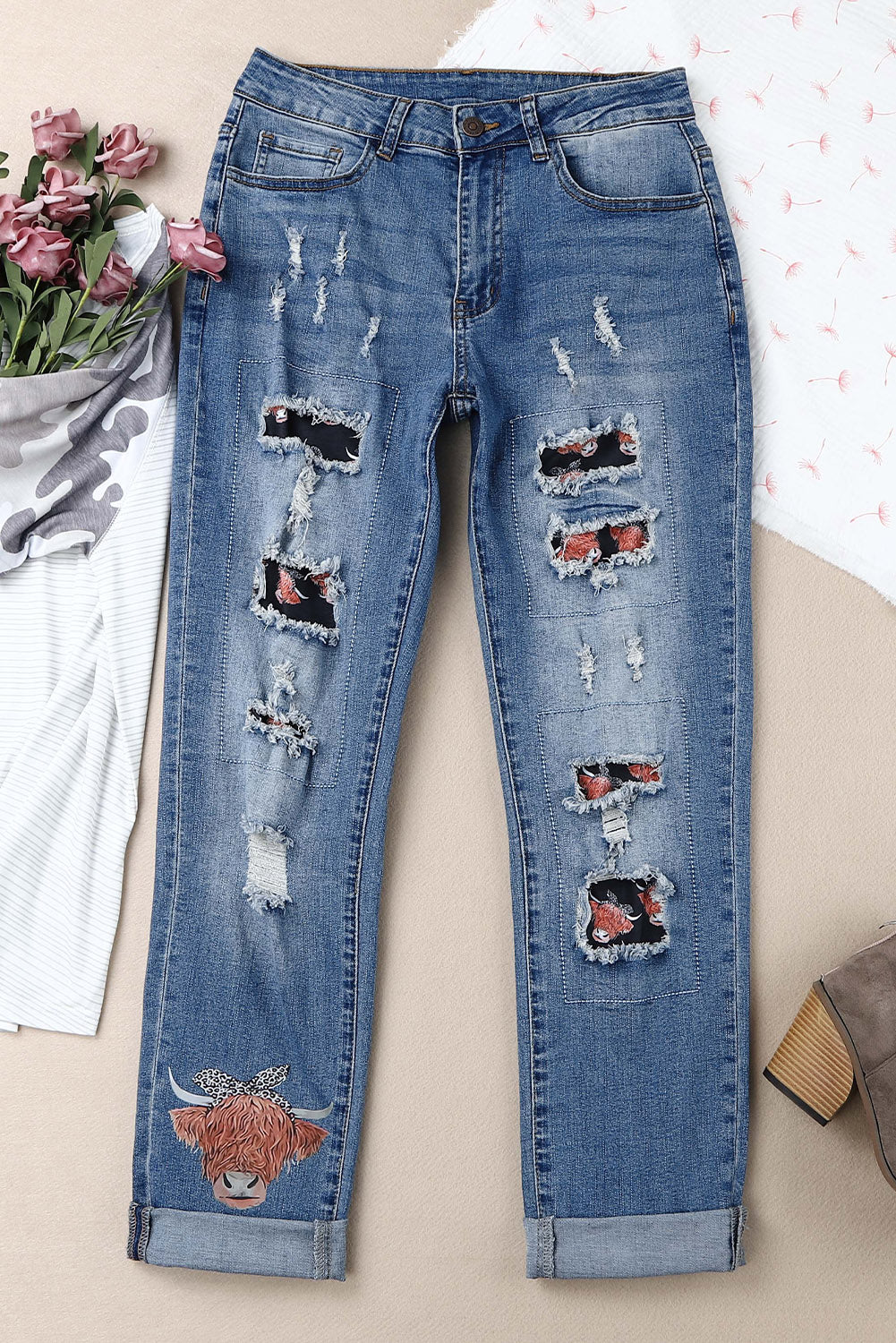 Wholesale Blue Animal Print Ripped Straight Leg Graphic Jeans