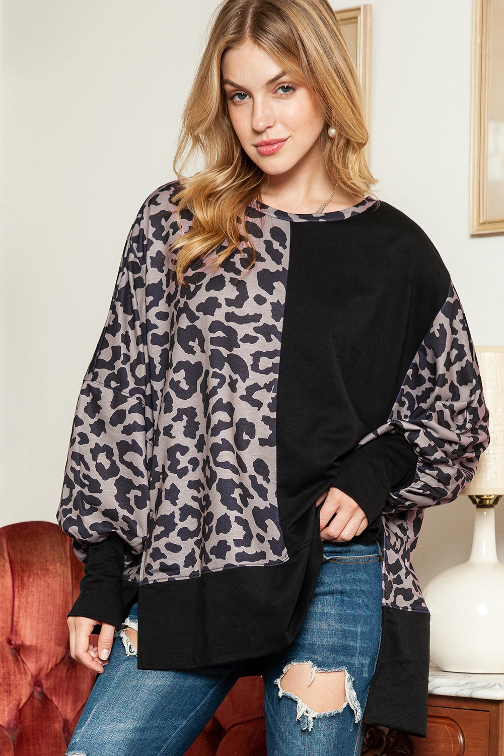 Black Leopard Print Bishop Sleeve Oversized Sweatshirt with Slits