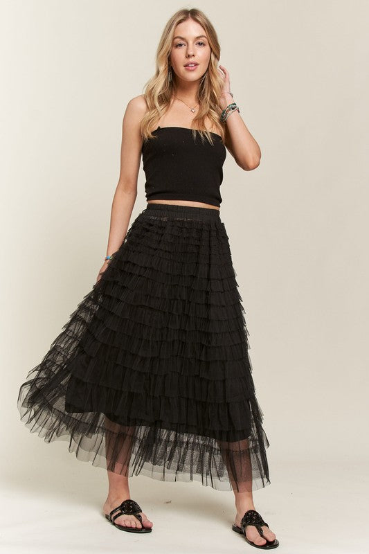 ADORA Elastic Waist Layered Mesh Midi Skirt