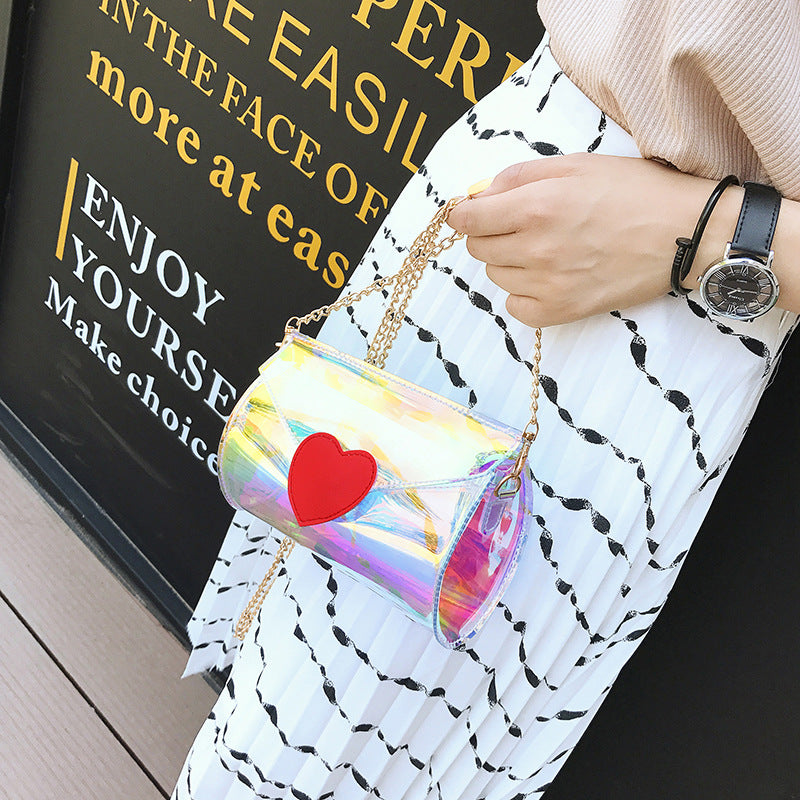 Transparent Laser Cut Holographic Red Heart Closure Pastel Rainbow Shoulder Bag With Chain Strap