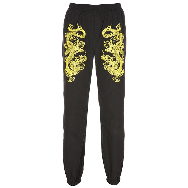 Yellow Dragon Graphic Print Casual Loungewear Jogger Pants