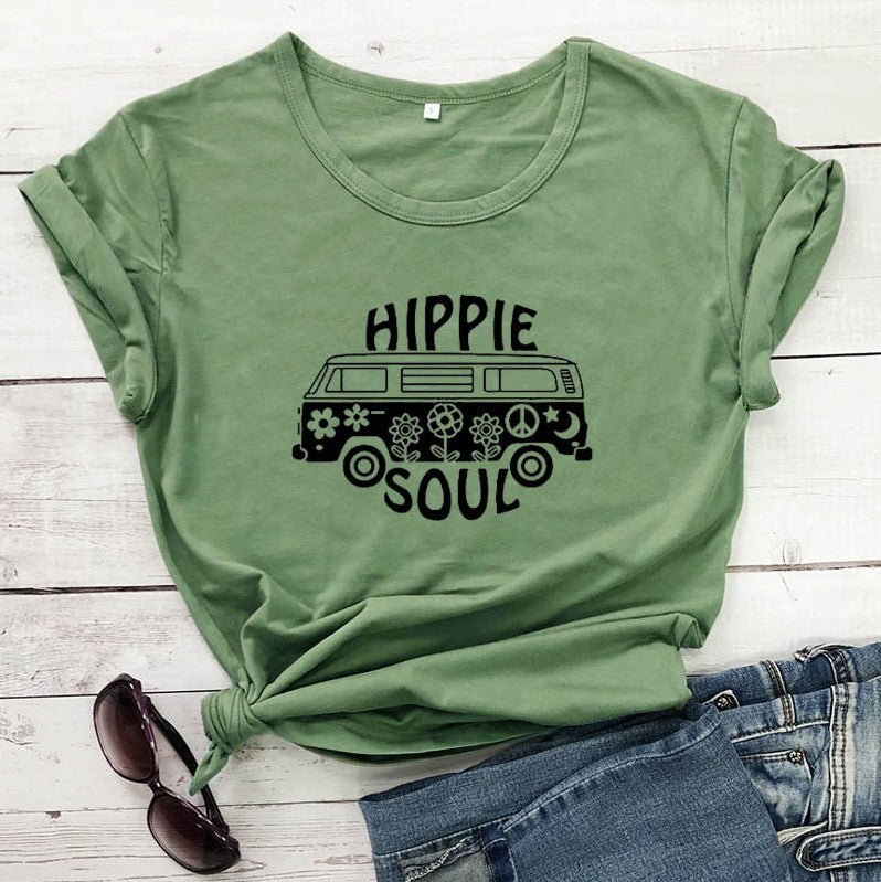 Hippie Soul Casual Round Neck Short Sleeved Graphic Print Tee Shirt