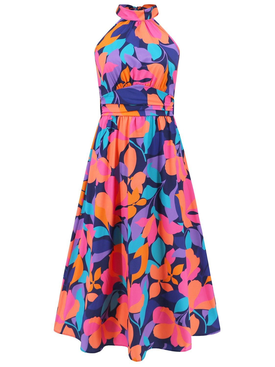 Ruched Printed Halter Neck Boho Sleeveless Dress