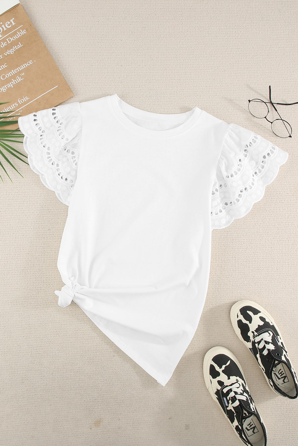 White Eyelet Butterfly Sleeve Business Casual Top