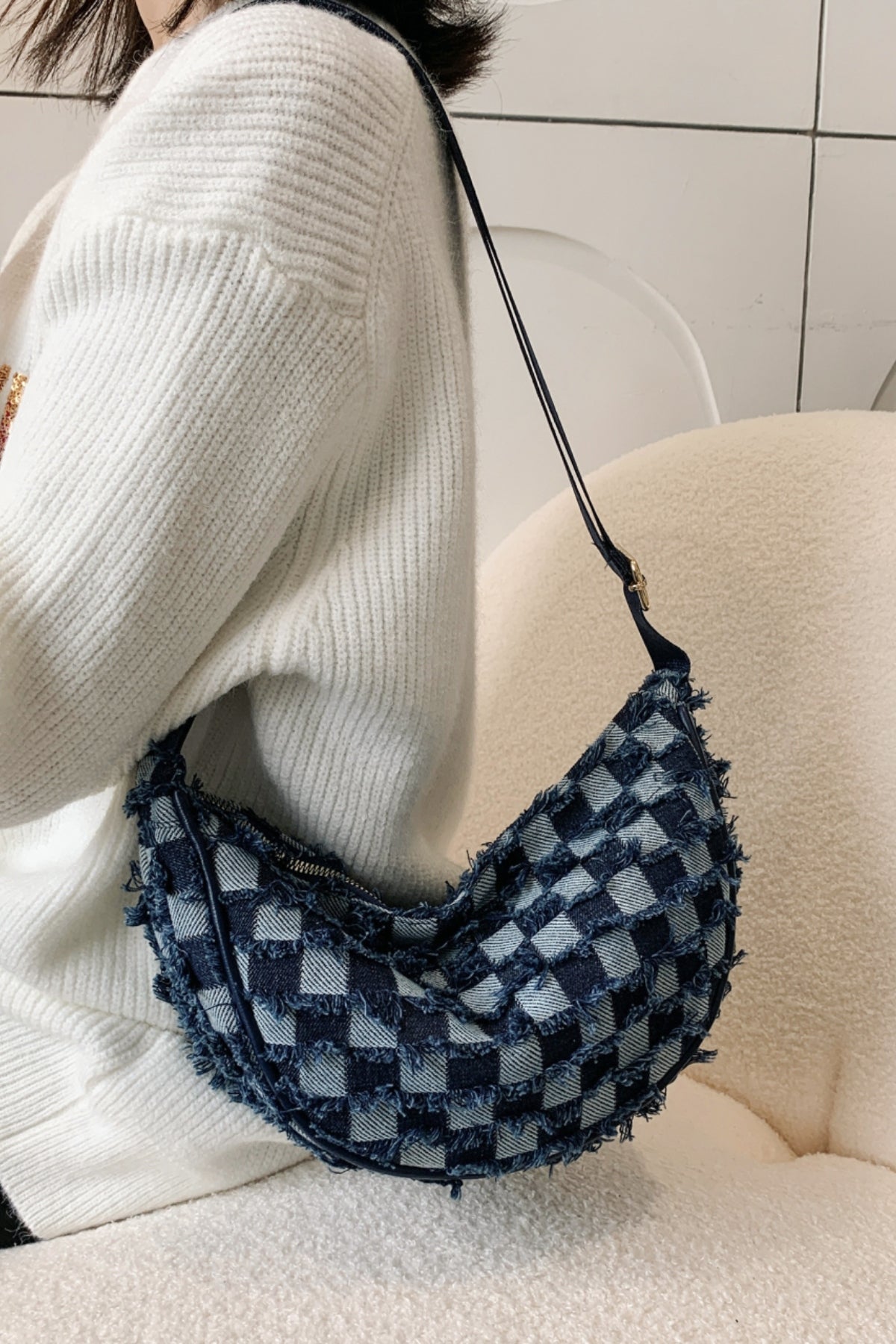 Raw Hem Checkered Denim Crossbody Bag