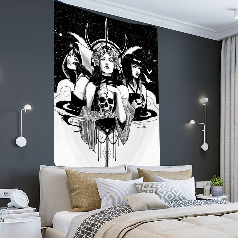 Girl Skull Black And White Style Print Home Decor Fabric Tapestry Beach