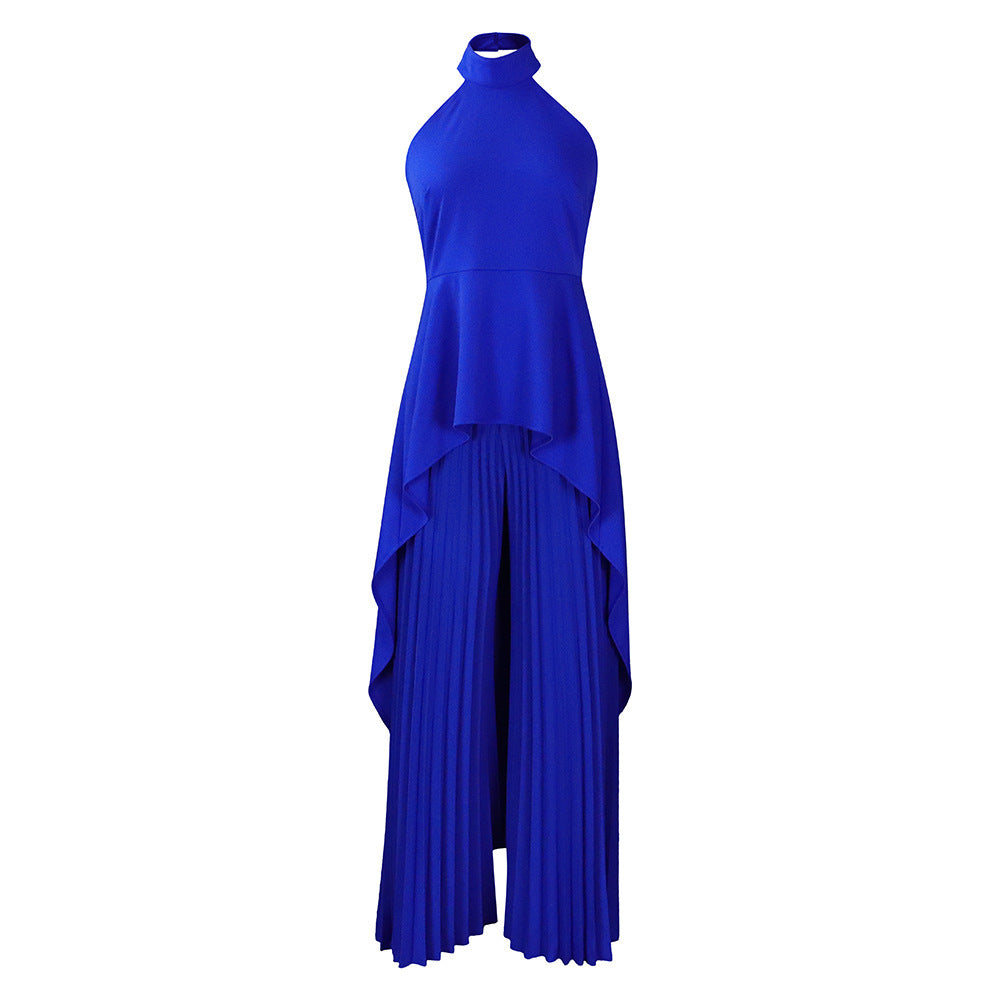 Backless Grecian Neck Long Tail Flowy Top And Pleated Wide-leg Pants Casual Two Piece Sets