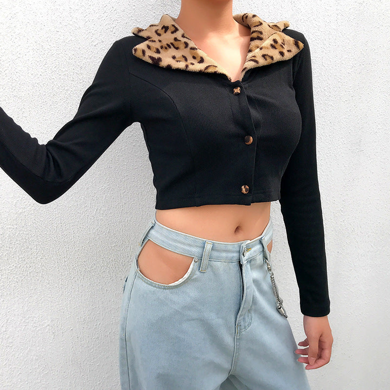 Sexy Cropped Three Button Faux Fur Leopard Print Collar Cardigan