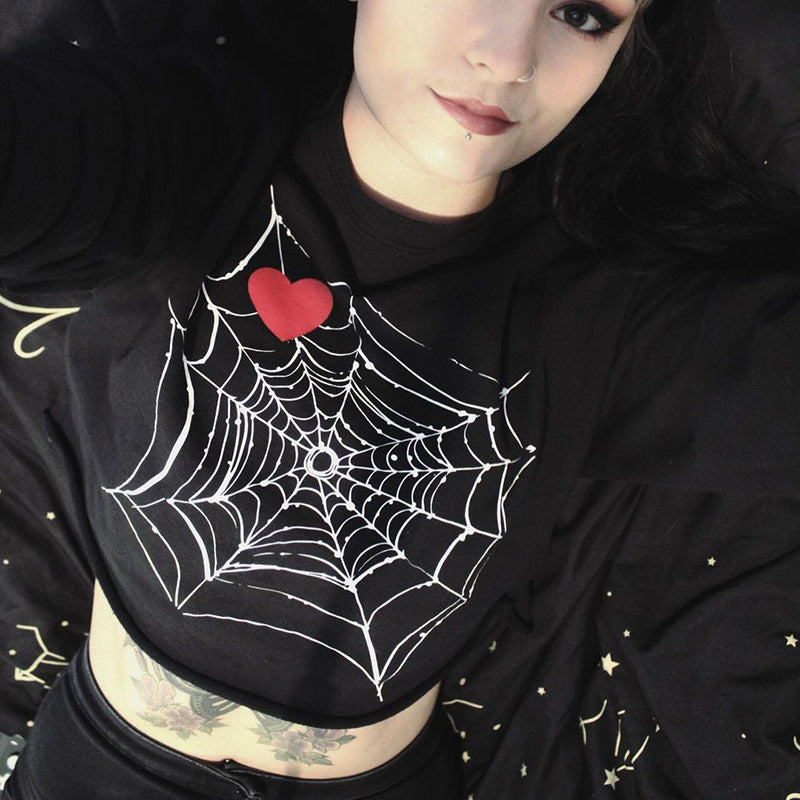 Dark Design Personality Spider Web Heart Print Ladies Top