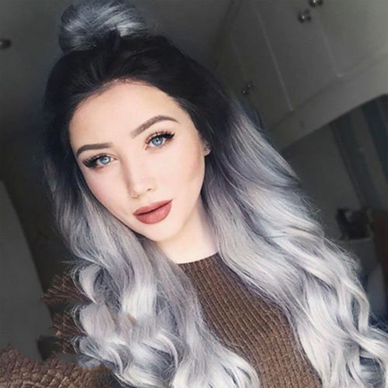 Black To Grey Gradient Medium-Long Wavy Curly Full Volume Cosplay Wig