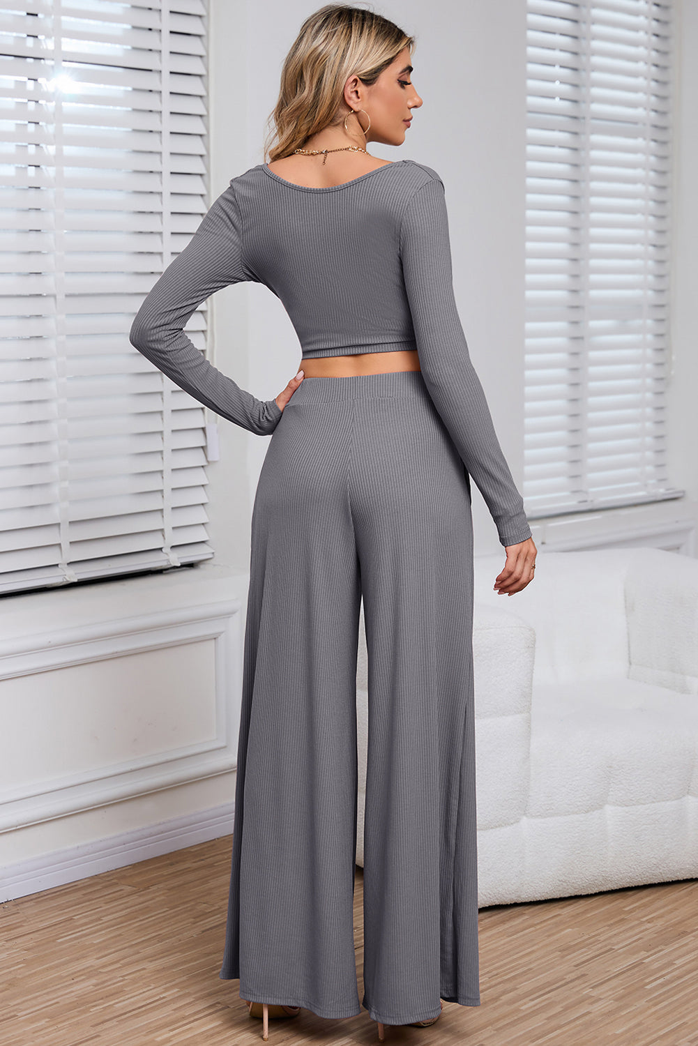 Gray Plain Ribbed Crop Top & Wide Leg Pants Two Piece Pants Set