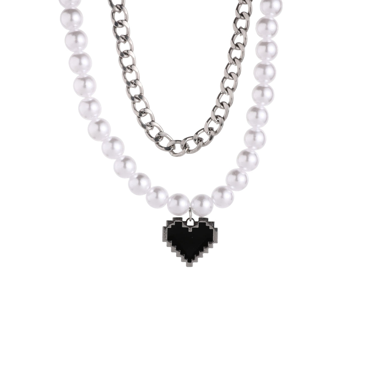 Novel and fashionable double-layer stitching chain with pearl love pendant punk style all-match necklace