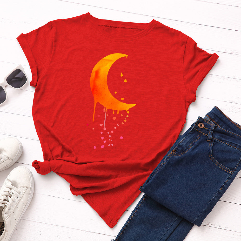 Orange Crescent Moon Witchy Vibes Round Neck Short Sleeved Graphic Print Tee Shirt