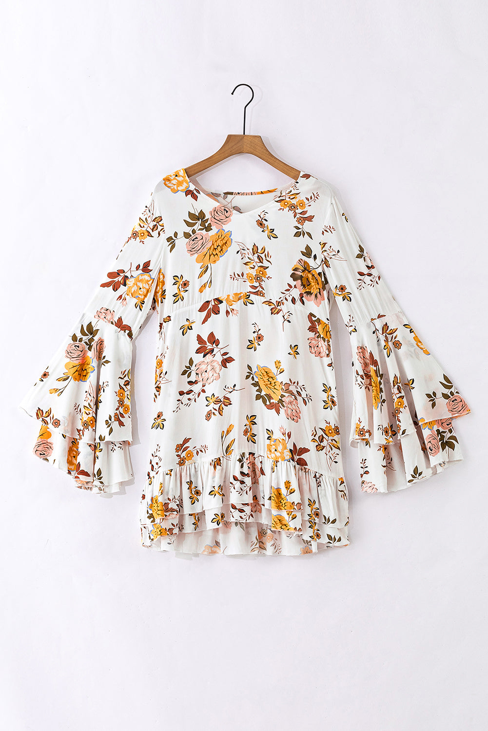 White Printed Floral Print Layered Sleeve Mini Dress