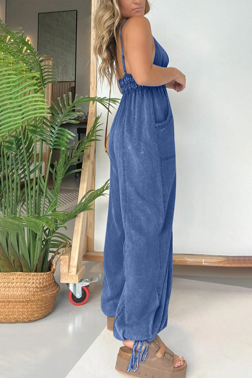 Full Size Spaghetti Strap Denim Look Jumpsuit with Pockets