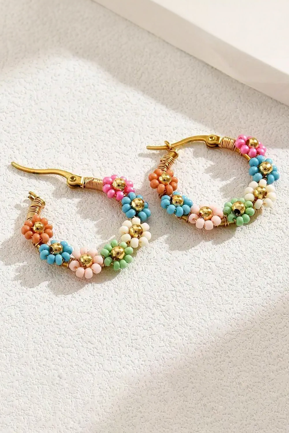 Pink Contrast Beaded Flowers Round Shape Dropping Earrings