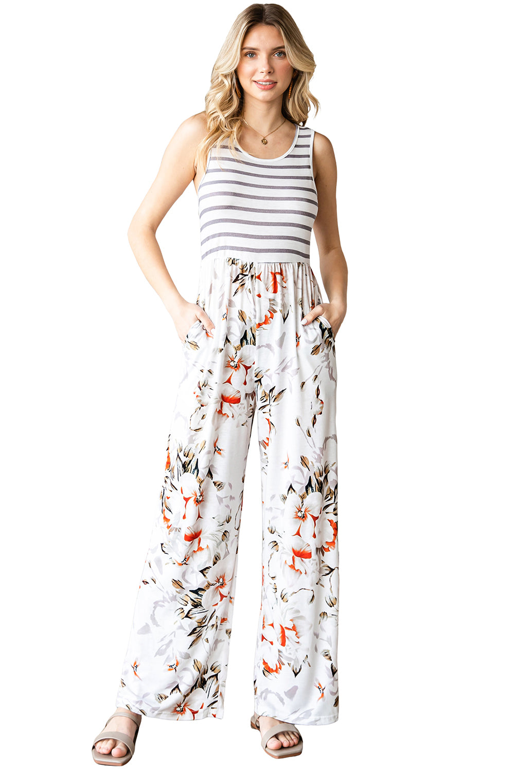 White Striped Floral Pocket Sleeveless Jumpsuit With Pockets