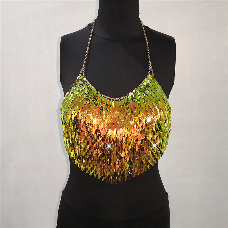 Sexy Iridescent Sequin Festival Fashion Halter Sling Backless Bandana Top