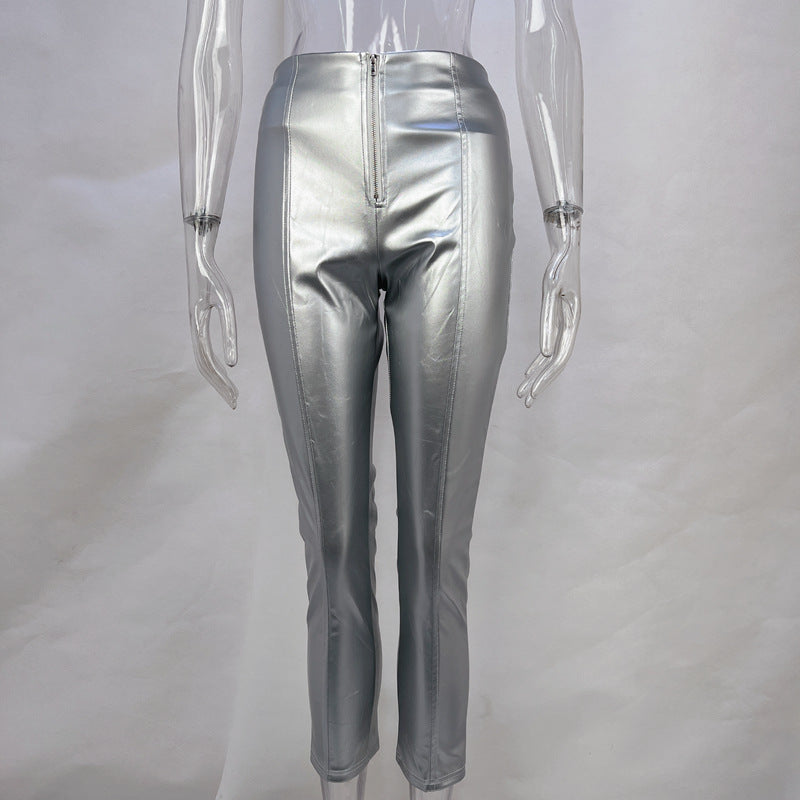 Metallic Wet Look High Waist Super Slim Fit PU Skinny Leg Pants