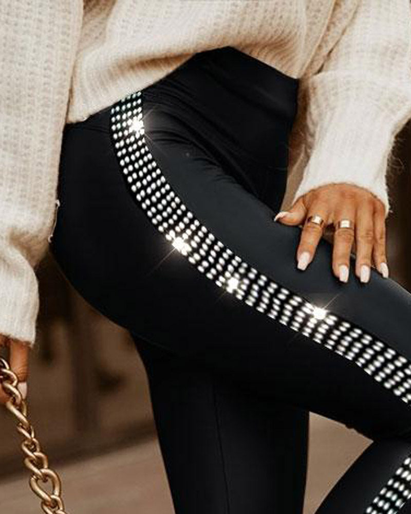 Rhinestone Studded Small Slit Tight  Slim Fit Leggings