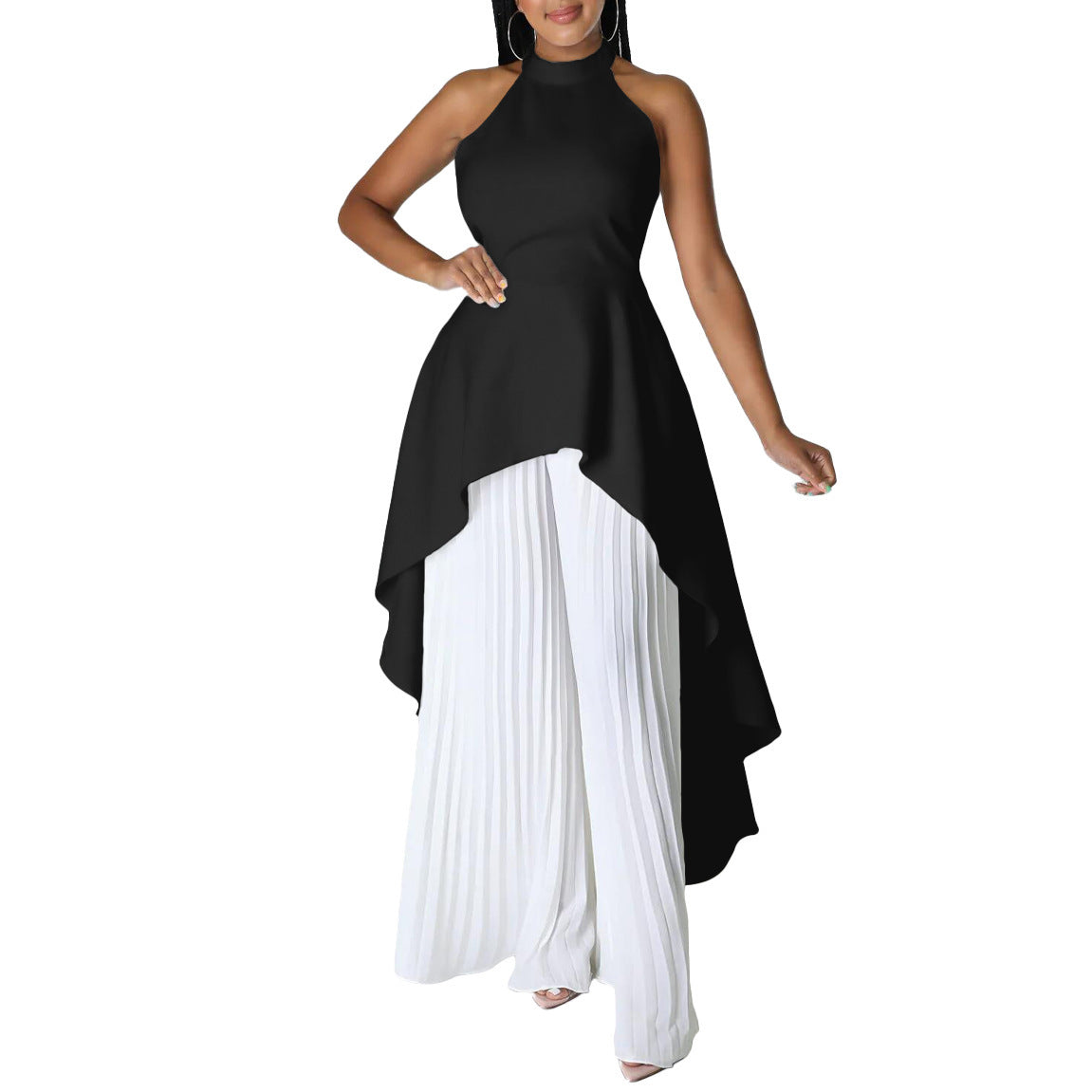 Backless Grecian Neck Long Tail Flowy Top And Pleated Wide-leg Pants Casual Two Piece Sets