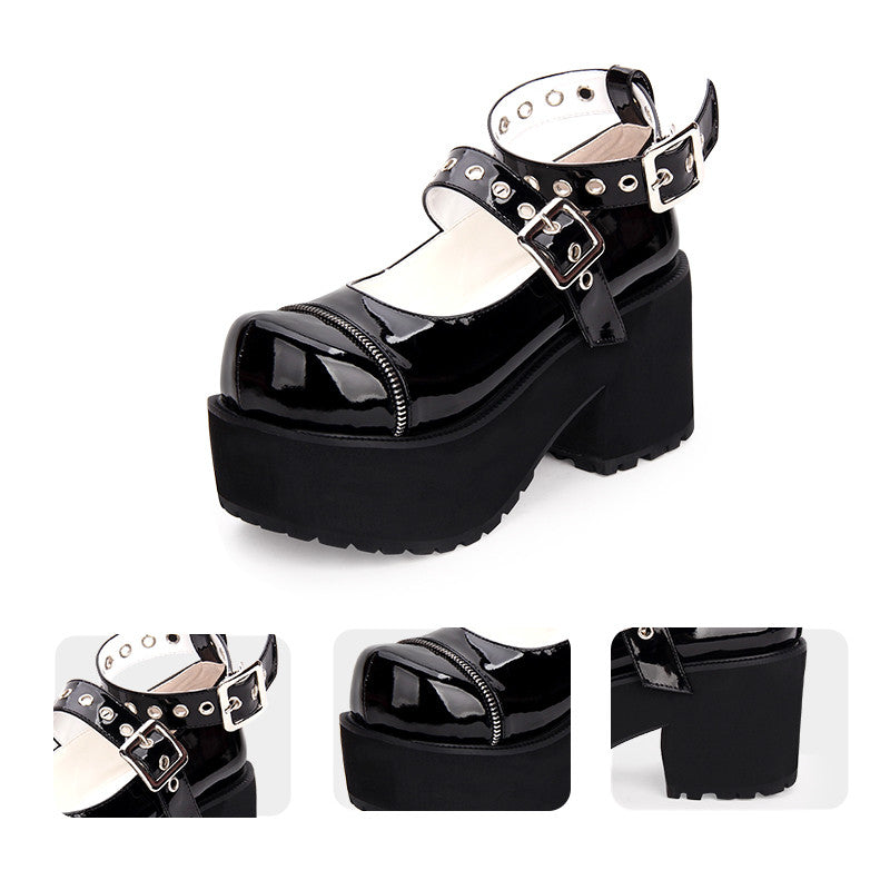 New Spring Lolita Goth Ankle Strap Buckle Patent Leather Mary Jane Style Chunky Platform Shoes