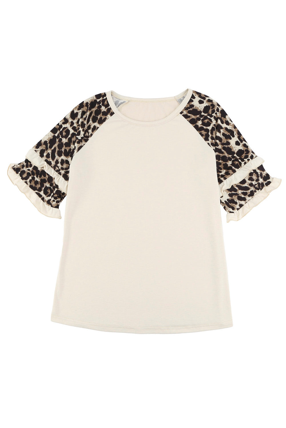 Black Casual Ruffled Leopard Sleeve Patchwork T-Shirt