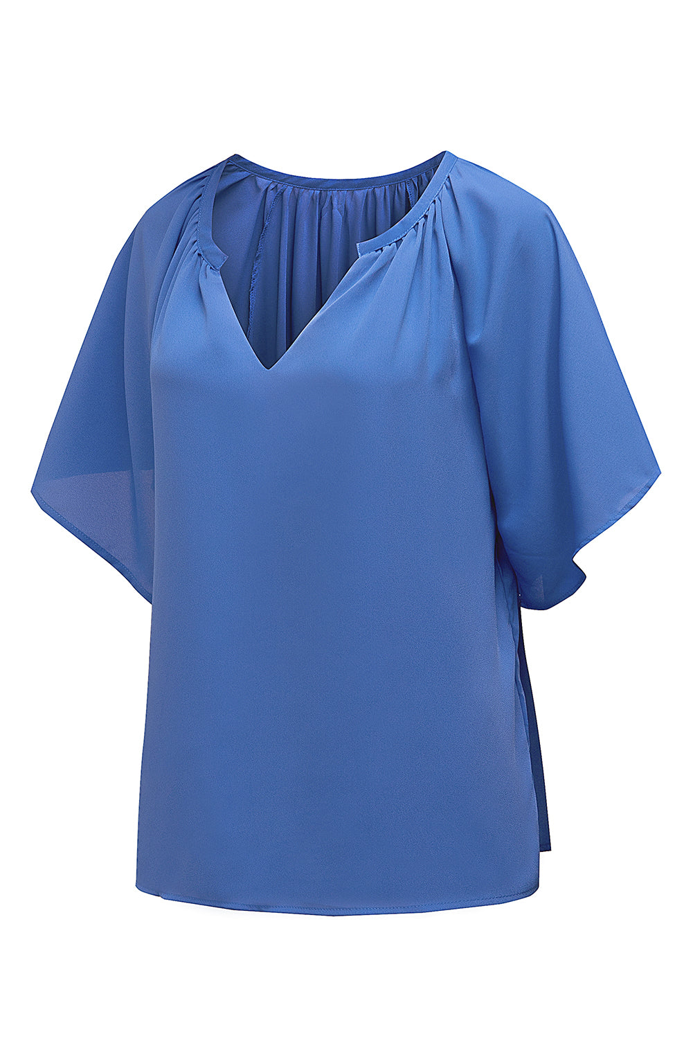 Blue Casual Split Neck Pleated Loose Short Sleeve Blouse