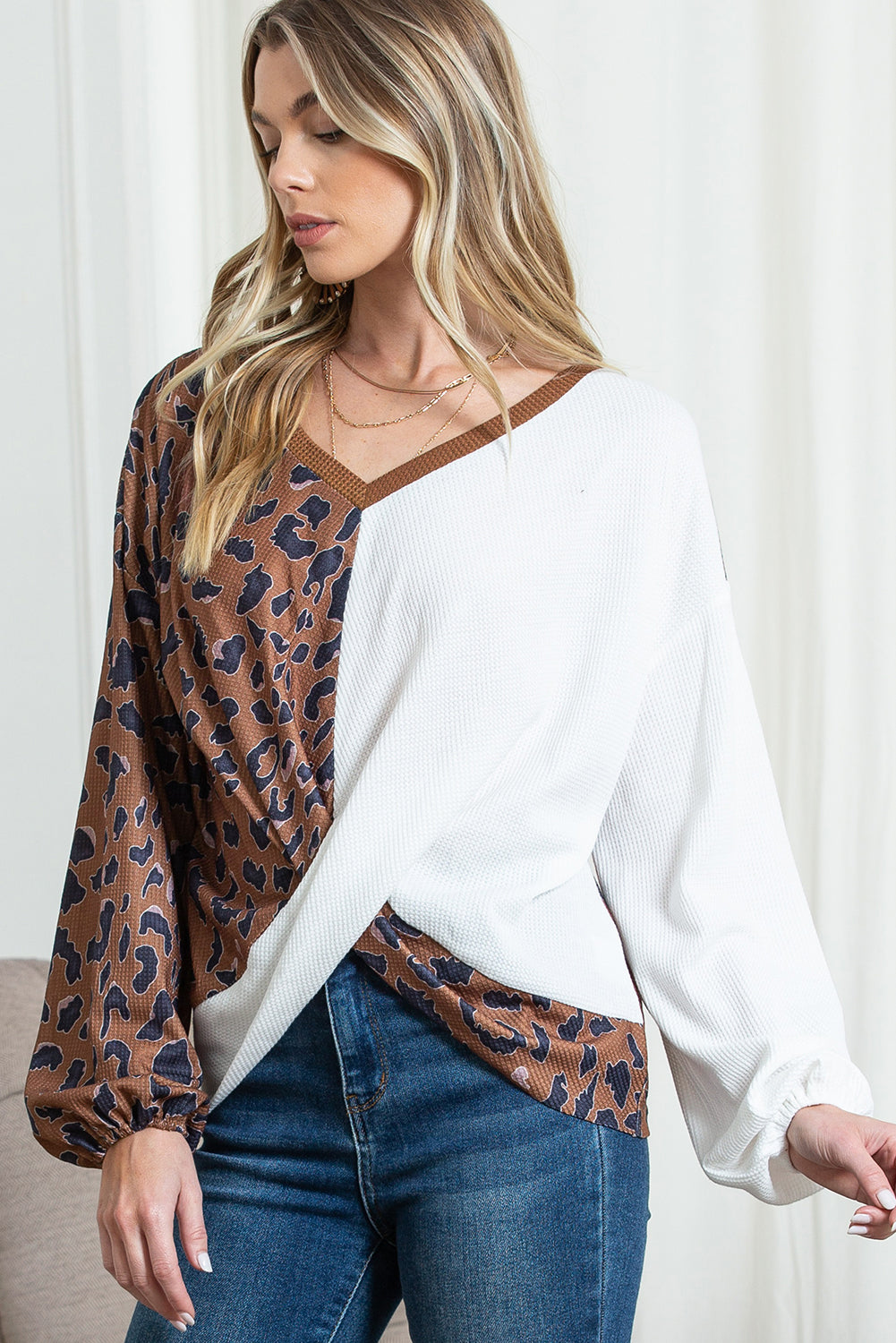 Brown Leopard and Waffle Knit Patchwork Long Sleeve Top