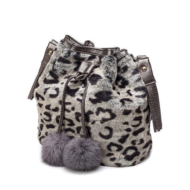 Faux Fur Plush Drawstring And PU Tassel Shoulder Bag