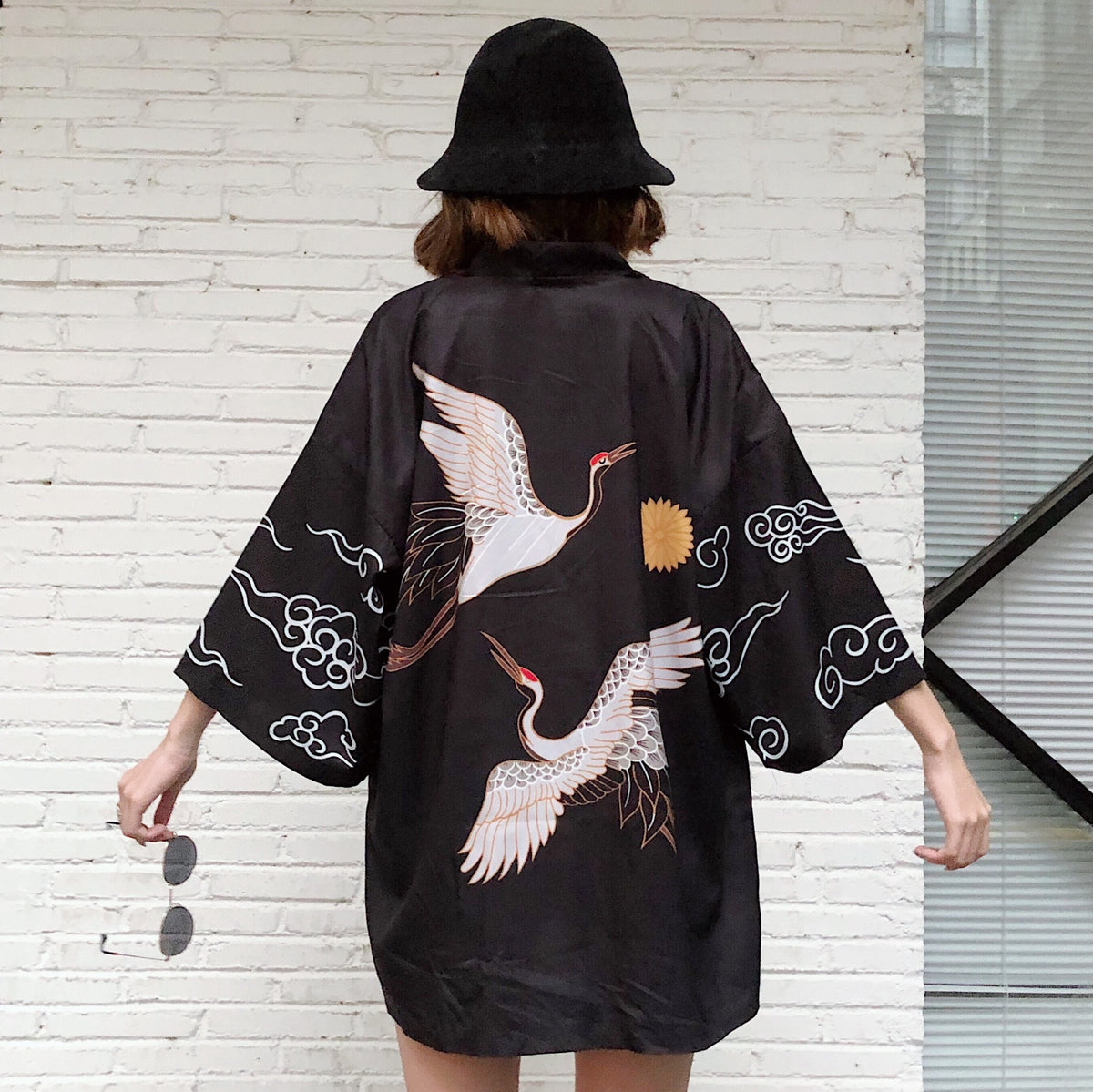 Japanese Style Kimono Jacket Crane Printed Back House Coat