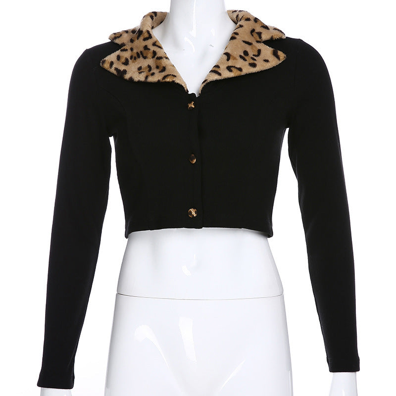 Sexy Cropped Three Button Faux Fur Leopard Print Collar Cardigan