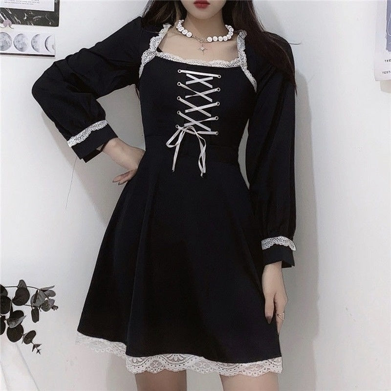 Dark Sailor Girl Ribbon Adorned Lace Up Delicate Lace Detailed Goth Rocker Dress