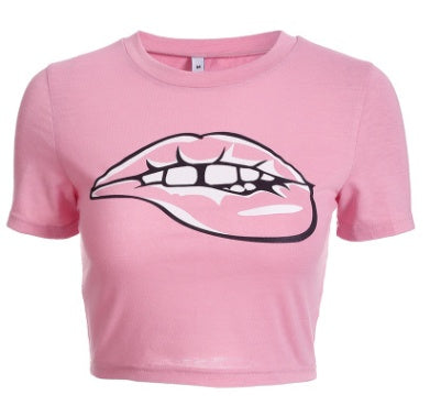 Women's Graphic Print Bitten Lip Print Short Sleeved Casual Tee Shirt