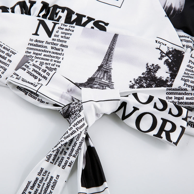 Sexy Printed Newspaper Style Graphic All Over Print Tie Front Long Sleeve Nightclub Style Crop Top