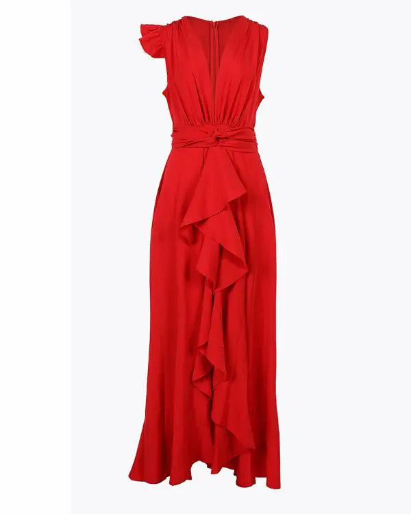 Deep V-Neck Ruffle Hem Slit Maxi Dress