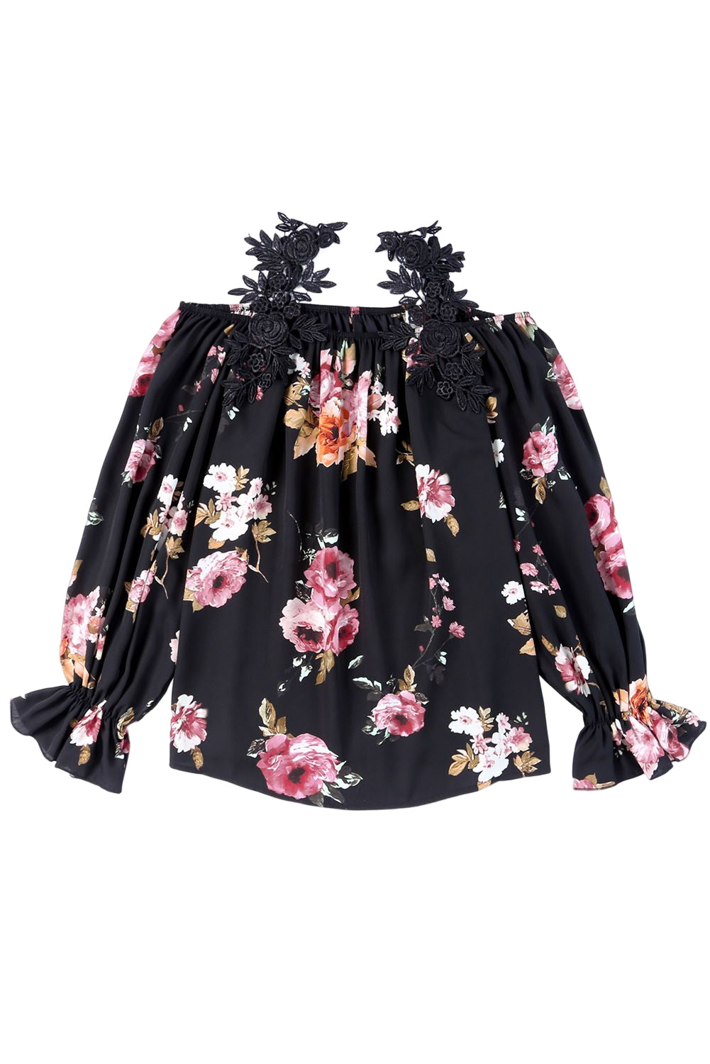 Black Floral Print Lace Patchwork Loose Off Shoulder Blouse