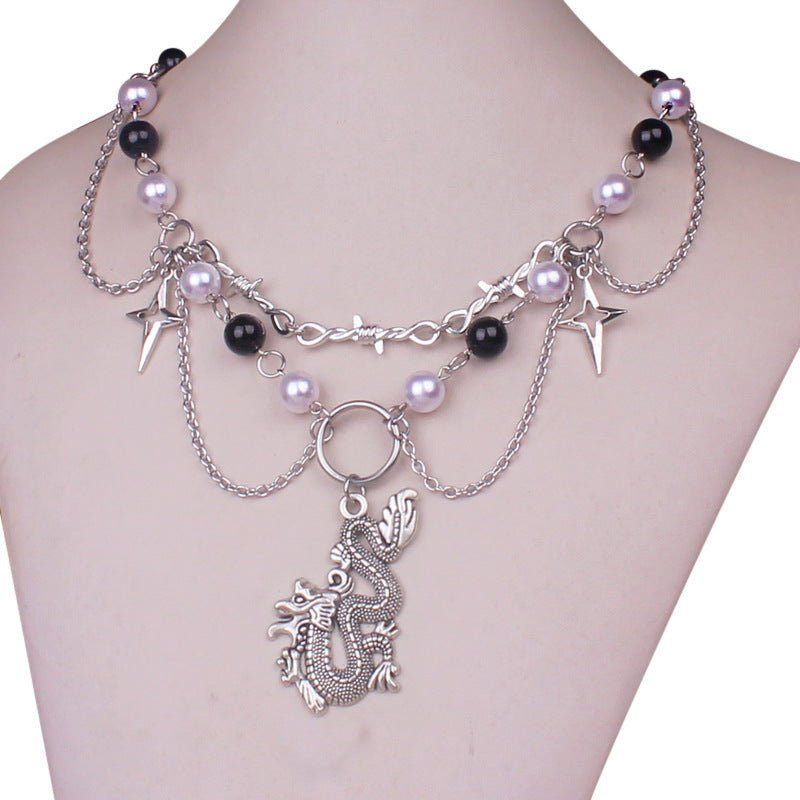 Punk Goth Faux Pearl Cross Necklace