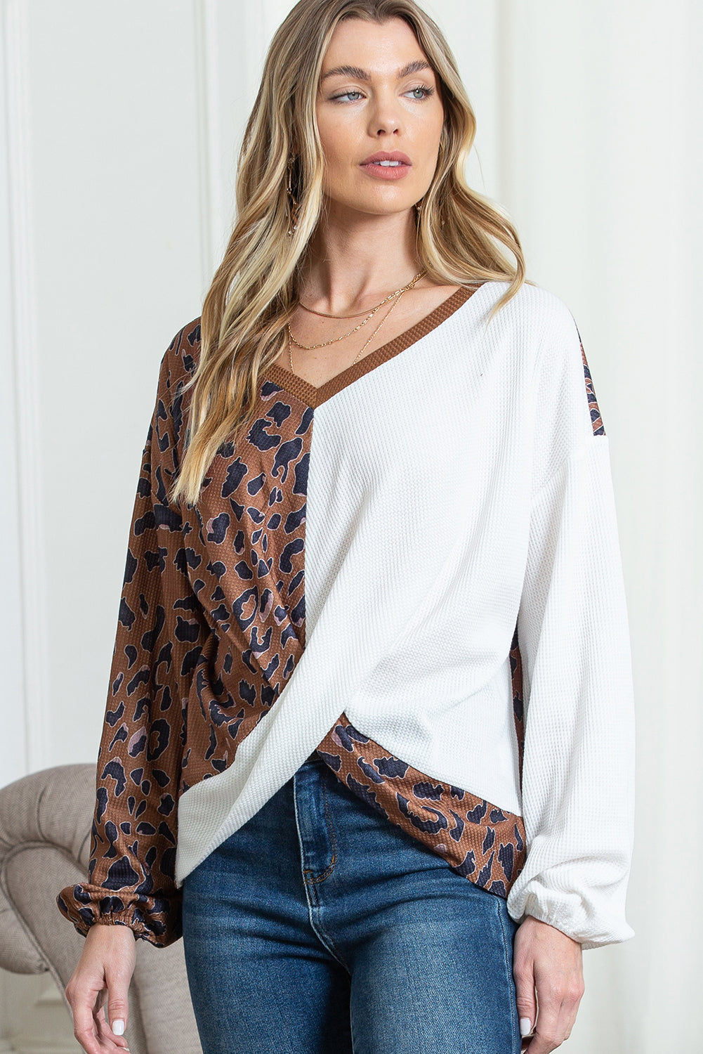 Brown Leopard and Waffle Knit Patchwork Long Sleeve Top