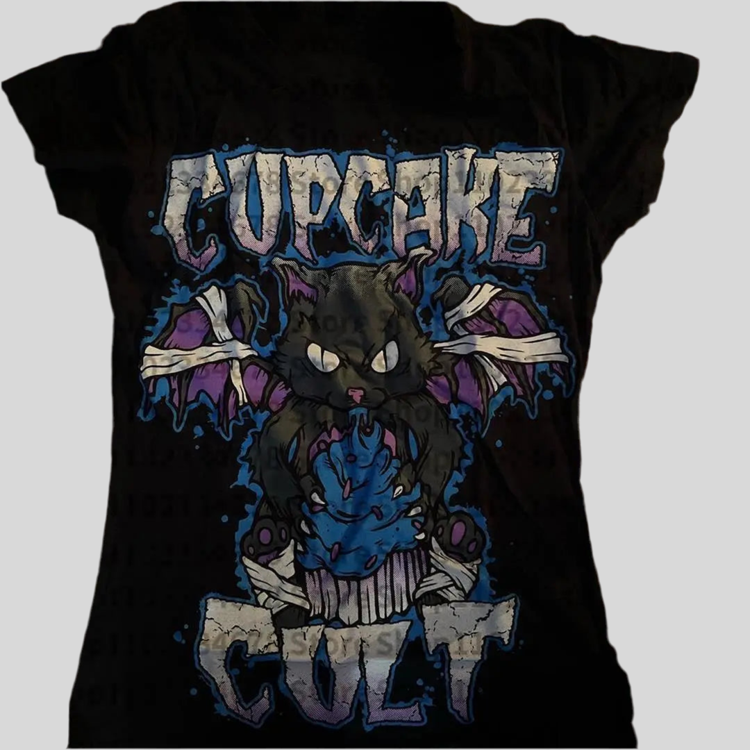 Cupcake Cult 2000s Vintage Punk Streetwear Slim T-Shirt – Y2K Aesthetic Goth Black Crop Top for Emo Girls