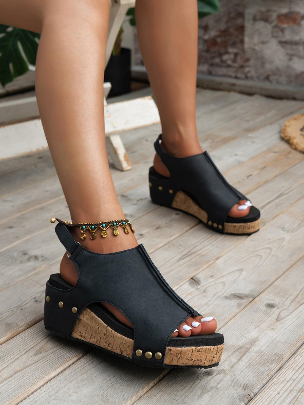 Gray Vintage Leather Stitching Studded Wedge Sandals