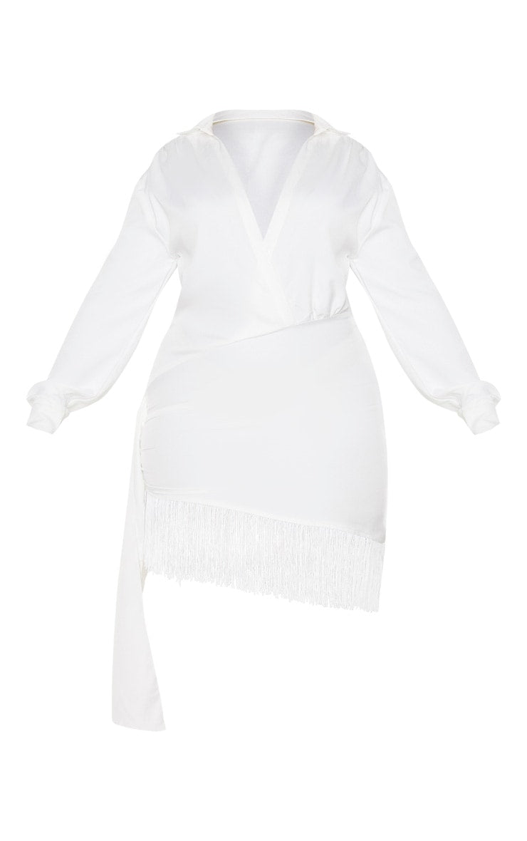 Plus White Long Sleeve Tassel Hem Drape Detail Bodycon Dress